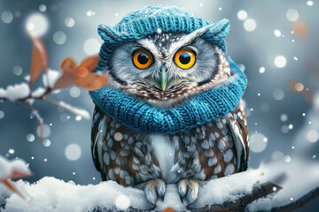 A small owl wearing a blue hat and glasses. The owl is looking at the camera. The image has a playful and whimsical mood. funny colorful owl in warm clothes