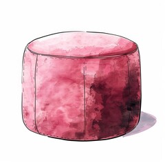 Poster - Watercolor illustration of a minimalist round pink ottoman on a white background, ideal for interior design concepts and home decor advertisements, with space for text