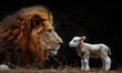 Profile of lion and white lamb isolated on black background, illustrating the contrast between power and vulnerability. Suitable for wildlife or spiritual themes.