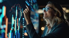 Focused Businesswoman Analyzing Interactive Financial Charts On A Touchscreen, Involved In Strategic Planning And Data Analysis - AI Generated