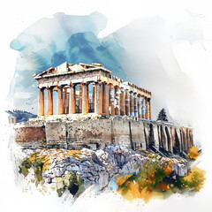  Artistic watercolor representation of the historical Parthenon in Athens, Greece, with copy space on top, perfect as a cultural background or for travel-related concepts