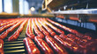 Photo of a conveyor belt appetizing grilled sausages with hot dogs. Industrial production of sausage and meat in a modern plant.

