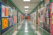A school hallway transformed into a makeshift art gallery