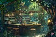 An animated cafe in a whimsical forest setting, with fairies flitting about, woodland creatures peeking in, and magical potions brewing behind the counter, Generative AI