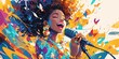 A vibrant pop art portrait of an African American woman with curly hair, her mouth open in song as she holds the microphone. 