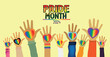 Text Pride Month 2024. People raising hands. hands holding LGBT rainbow flag in shape of a heart. Pride Month flat vector illustration