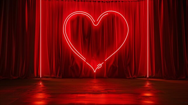 a red neon heart on a stage with a red curtain background a valentine's day concept a real photo