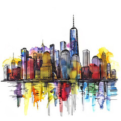 Sticker - Colorful watercolor illustration of a city skyline with reflection, ideal for backgrounds, travel themes, or urban lifestyle designs, with copy space