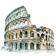 Watercolor illustration of the Colosseum in Rome, Italy, with a detailed ancient facade, perfect for travel and historical concepts, with copy space for text