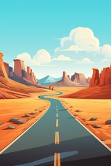 road trip adventure on big road in desert with brown rocks illustration