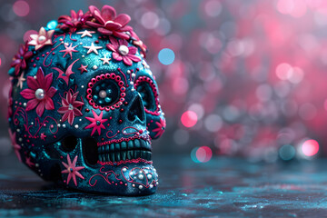 Wall Mural - Festive Artwork, A sugar skull decorated for the 4th of July in American flag colors, day of dead concept. 