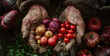 Fruits harvest. Farmers hands with freshly harvested fruits.copy space for text stock photo. Freshly harvested vegetables in farmer hands.Ai