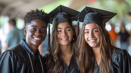 Wall Mural -  portrait of two happy students of University in black graduation cap and gowns. students in university celebrate academic success. Education, graduation and celebration.