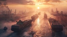 A dynamic scene depicting cargo ships entering one of the world's busiest ports