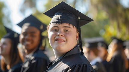 portrait of student in black graduation cap and gowns with down syndrome. 