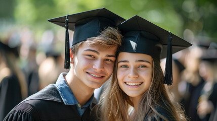  portrait of two happy students of University in black graduation cap and gowns. students in university celebrate academic success. Education, graduation and celebration.