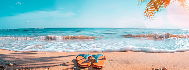 Wall Mural - Flip-flops on a sunny tropical beach with sea waves