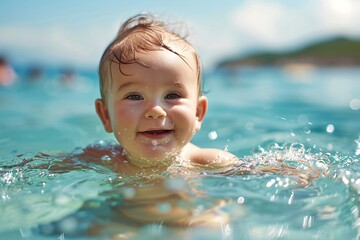 Cheerful baby swimming in the ocean summer vacation sunny