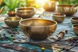Singing bowl for relaxation massage and meditation. Himalayan and Tibetan alternative medicine concept with singing bowls for yoga practice, sound healing and harmony.