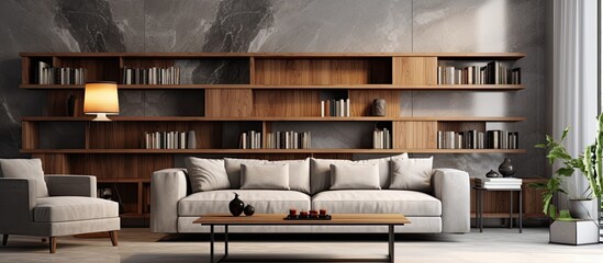 Poster - A comfortable and inviting living room featuring a sofa, armchair, and a bookshelf displaying various books and decorative items