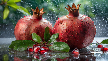 Sticker - Fresh pomegranates with green leaves water drops. Organic and tasty fruit. Sweet summer food.