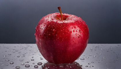 Fresh red apple with water drops. Organic and tasty fruit. Sweet summer food. Blurred backdrop.