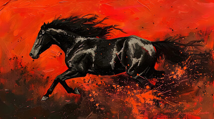 Canvas Print - a painting of a black horse galloping on a red, orange and black background with a white spot in the middle of the horse's body.