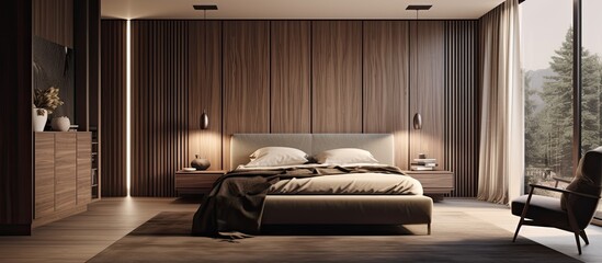 Wall Mural - A cozy bedroom featuring a spacious bed and a wide window bringing in natural light, creating a warm atmosphere