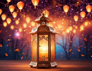 Arabic lantern with candle glowing at night on gold and purple bokeh lights background | Invitation for Muslim holy month and Ramadan Kareem