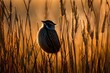 A Seaside Sparrow silhouetted as it perches in the tall marsh grasses in the early morning sunlight.
