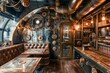 Vintage Steampunk Inspired Cafe Interior with Industrial Metalwork, Leather Booths, and Retro Details