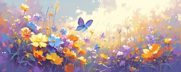 Wall Mural - Abstract colorful background with flowers and blue butterflies, in the style of oil painting