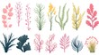 A set of vintage-inspired botanical drawings featuring various plant species , cartoon drawing, water color style