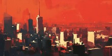 Abstract Painting Of New York City Skyline, Red And Black Color Scheme.