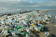 A polluted beach covered with discarded plastic bottles and debris, depicting the consequences of overproduction on the environment.