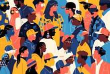 An Abstract Crowd Of People, This Vector Illustration Uses A Flat Design With Simple Shapes. The Artwork Is Colorful, With No Faces Or Bodies Just Outline Silhouettes.