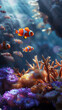 Clown fish playing in coral under the reef of the sea