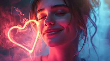 Poster - Woman smiling gently with neon heart, evoking emotions of love and happiness in a contemporary style. ideal for modern romance themes. AI