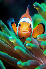 Wall Mural - Clown fish playing in green coral under the reef of the sea