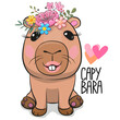 Capybara with flowers isolated on a white background