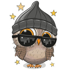 Sticker - Cartoon Owl with sun glasses and black hat