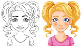 Fototapeta Dinusie - Vector illustration of a girl, black and white and colored versions.