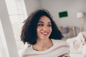 Sticker - Photo of pretty good mood lady dressed striped pullover smiling enjoying weekend indoors apartment room