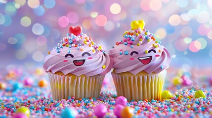 Wall Mural - Two cute cupcakes with faces