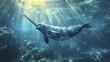 A majestic narwhal gracefully swims, its tusk painting rainbows, embodying hope, diversity, and the allure of uniqueness.