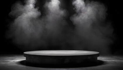 Wall Mural - Podium black dark smoke background product platform abstract stage texture fog spotlight. Dark black floor podium dramatic empty night room table concrete wall scene place display studio smoky dust