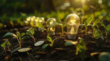 Wall Mural - Light bulb is located on soil. plants grow on stacked coins Renewable energy generation is essential for the future. Renewable energy-based green business can limit climate change and global warming.