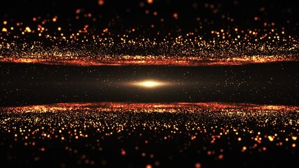 Abstract futuristic cyber world scene, sci-fi scene, glowing particle surface and flying gold dust, neon night scene, digital science background 4K animation, seamless loop, flying through space.
