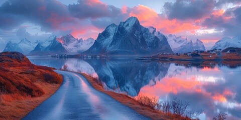 Wall Mural - The scenic road winds through majestic mountains, reflecting the stunning hues of the sunset over the icy waters.