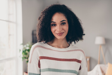 Sticker - Photo of sweet good mood lady dressed striped pullover smiling indoors apartment room